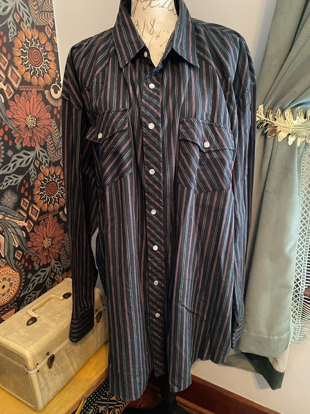 Vintage Pearl Snap Trailblazer 3XL Tall Black & Red Striped Western Shirt